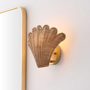 Elodie 11.5" Vintage Coastal 1-Light Rattan Scallop Shell LED Wall Sconce